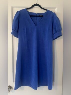 Blue Tommy Hilfiger puff-sleeve V-neck shift mini dres